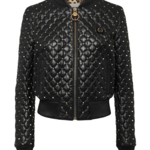 Black Leather Bomber Studs Jacket