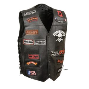 Men’s Black Side Lace Leather Vest with Patches