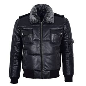 Black Puffer Shearling Flight Bomber Jacket