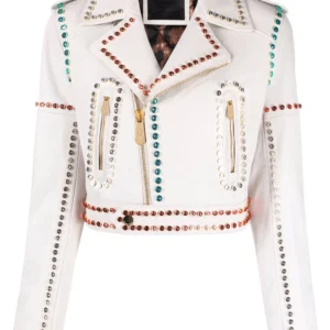 Crystal-Trim Studded Biker Jacket