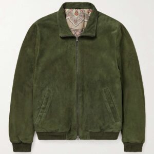 Green Padded Suede Bomber Jacket
