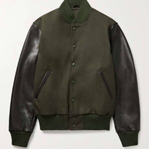 Green Wool Blend Leather Bomber Jacket