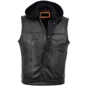HOODED ZIP-UP LEATHER CLUB VEST