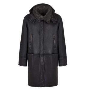 MENS BLACK HOODED REAL LEATHER COAT