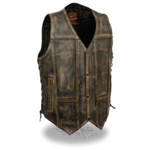 MEN’S DISTRESSED BROWN LEATHER MOTORCYCLE VEST