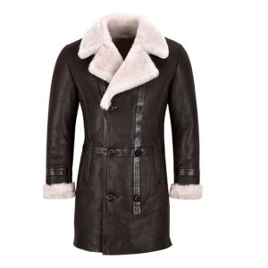 Men Faux Shearling Dark Brown Leather Long Coat