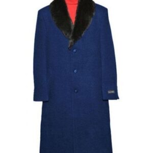 MEN’S FUR COLLAR NAVY BLUE OVERCOAT