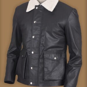 Men Black Button Shearling Leather Jacket