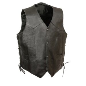 Men’s Black Leather Side Lace Vest with Winged Skull Emboss