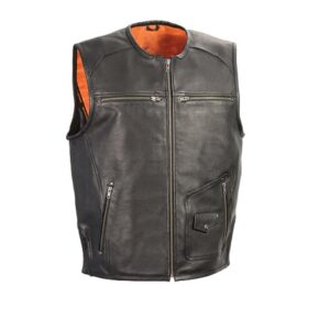 Men’s Black Leather Vest with Side Stretch Flex and Gun Pockets