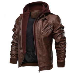 Men’s Hooded Brown Leather Flight Jacket