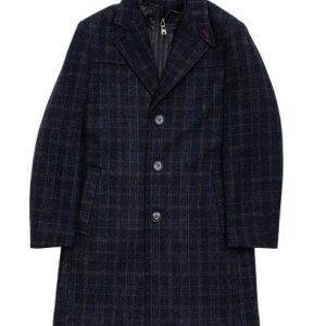 Navy Plaid Wool Blend Zip Coat