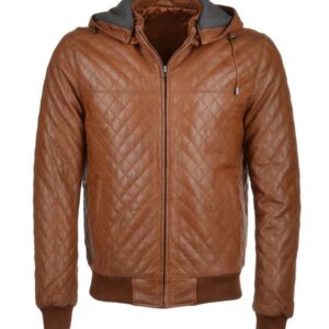 QUILTED DETACHABLE HOODED BOMBER LEATHER JACKET