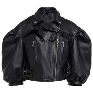 Ruffle-trimmed Leather Biker Jacket