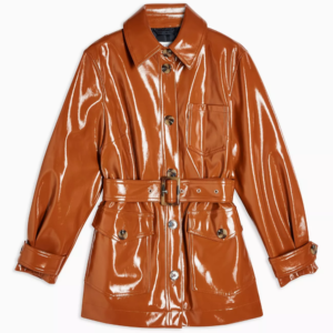 Shiny Brown Belted Leather Coat