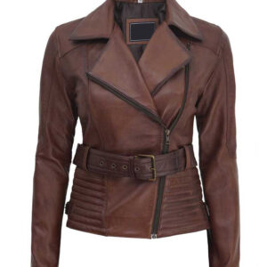 Women Brown Belted Asymmetrical Biker Jacket