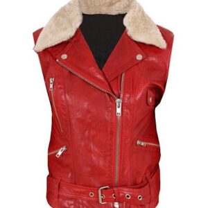 Women Fur Red Leather Vest