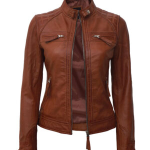Women Tan Quilted Motorcycle Leather Jacket