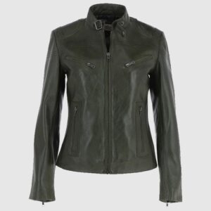 Women’s Green Leather Biker Jacket