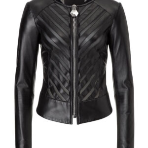 Women’s Round Neck Leather Jacket