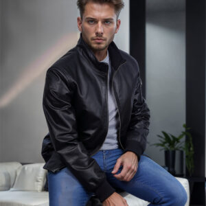 Men's Premium Black Cowhide Leather Bomber Jacket
