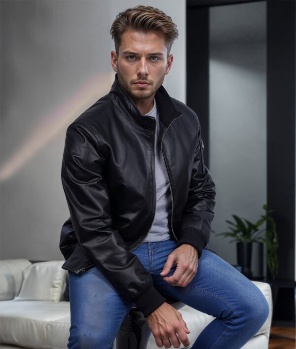 Men's Premium Black Cowhide Leather Bomber Jacket