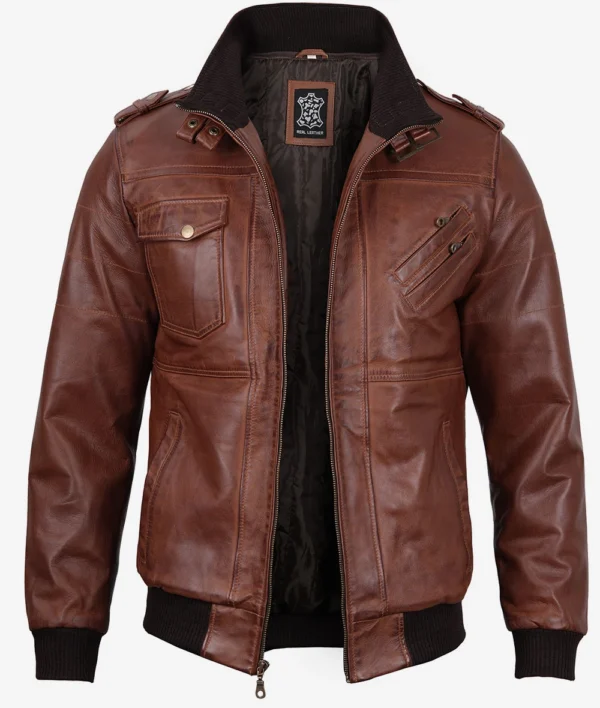 Mens Brown Leather Bomber Jacket