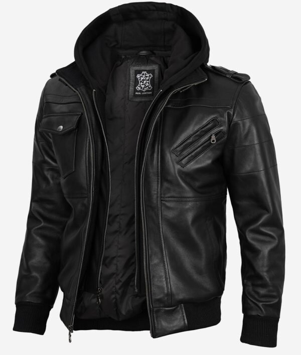 Mens Black Real Leather Bomber Jacket with Hoodie