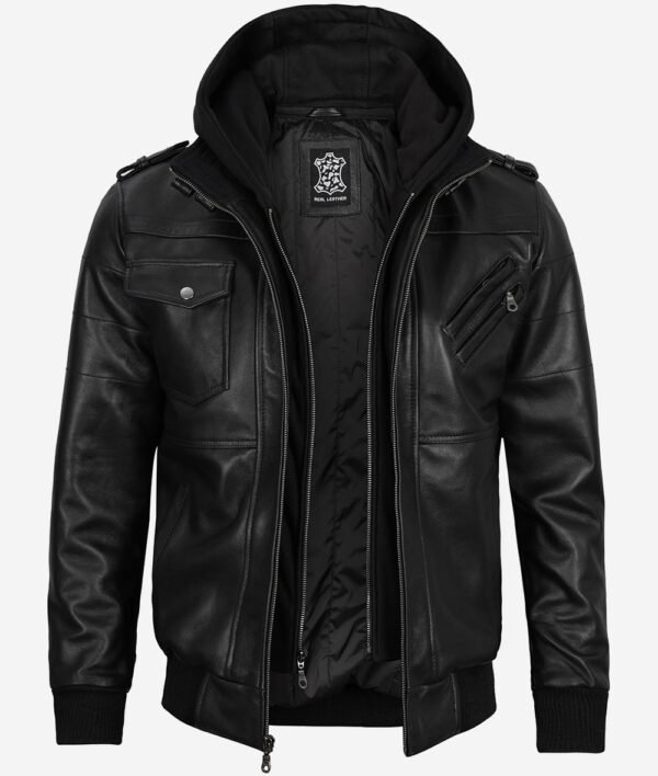 Mens Black Real Leather Bomber Jacket with Hoodie