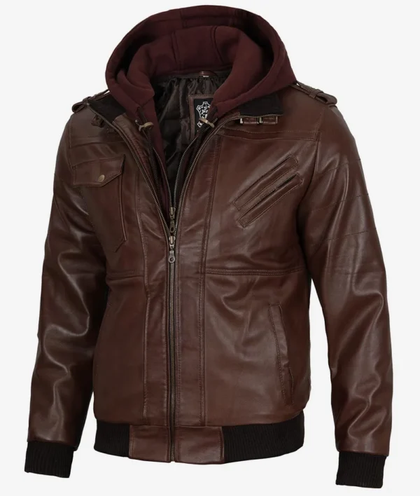 Men Real Leather Dark Brown Bomber Jacket With Hoodie