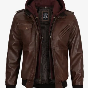 Men Real Leather Dark Brown Bomber Jacket With Hoodie