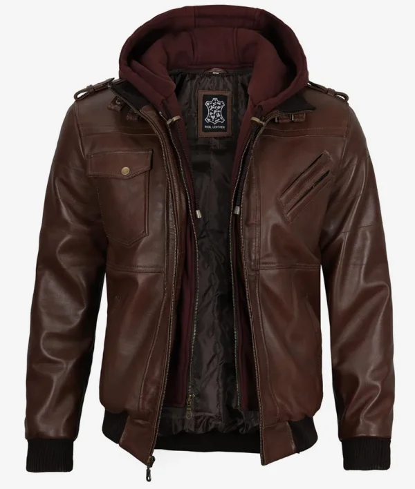 Men Real Leather Dark Brown Bomber Jacket With Hoodie