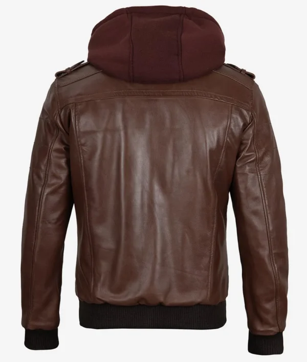 Men Real Leather Dark Brown Bomber Jacket With Hoodie