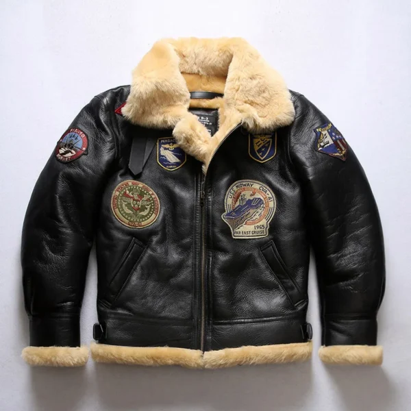 Authentic Men’s B-3 Aviator Sheepskin Black Leather Bomber Jacket